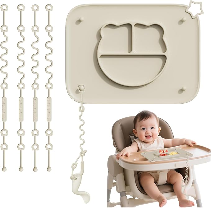 1 Pack Silicone Mat for Babies, Baby Placemat Built-in Suction Base and Equipped 4 Toy Straps & Anti-Peel Design, Activity Mat for Infants to Toddlers, Keeps Babies Essentials Off The Floor,Beige