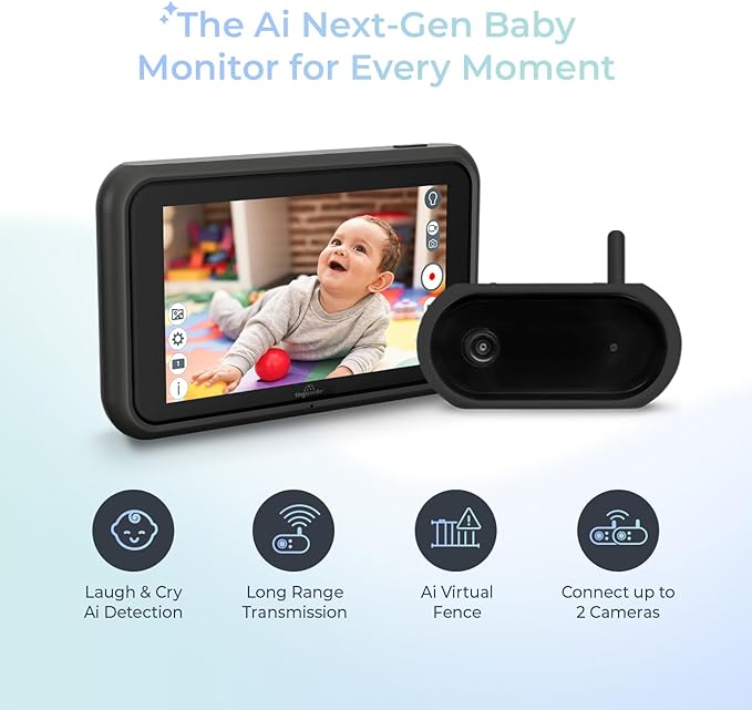 Tiny Traveler Ai Smart Wireless Baby Car Monitor with Travel Kit - AI-Powered Safety Alerts: Cry/Laugh/Stand Detection, Virtual Fence, Long Range 1000ft Night Vision Lullabies Night Light - Black