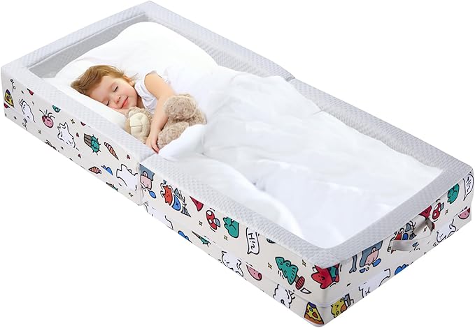 Portable Foldable Toddler Travel Bed – Air Layer Fabric Soft Foam Floor Crib with Safety Rails, No Assembly, Washable Cover, Compact Kids Sleep Solution for Home, Trips & Daycare, Cream