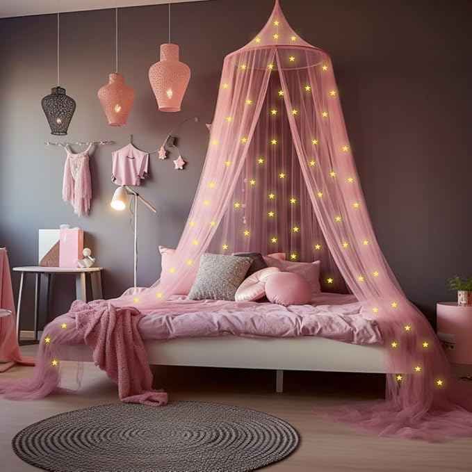 Pink Canopy for Girls Bed with Pre-Glued Glow in The Dark Stars - Princess Mosquito Net Room Decor - Kids & Baby Bedroom Tent with Galaxy Lights - 1 Opening Canopy Bed & Hanging Kit Included