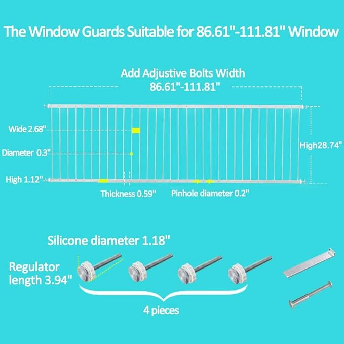 WAOWAO Window Safety Guards for Children Kids Child Toddler Pets Proof Extra Wide White Tension Security Window Guard Gate for Home Fit 86.61"-111.81" Sliding Windows (4 Piece)
