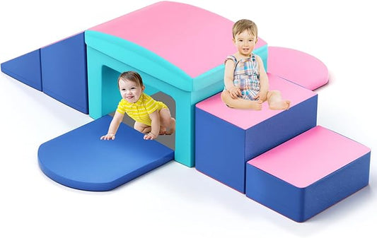 SURPCOS Crawl and Climb Foam Play Set, 6 Pcs Climbing Toys for Toddlers 1-3, Climb and Crawl Activity Playset, Soft Play Equipment Crawling and Sliding (Blue&Pink) 6 peices