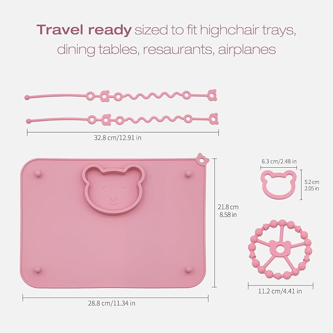 2 Pack Baby Silicone Mat with Suction Base and 4 Stretchable Straps, 6 Strong Suction Cups, Baby Placemats, Activity Mat for Infants to Toddlers, Keeps Babies Essentials Off The Floor Purple Pink