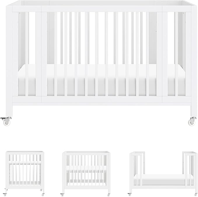 babyletto Rolli 9-in-1 Convertible Baby Crib w/Wheels - Includes Pad & Conversion Kits for Bassinet, Standard Crib, Toddler Bed, Daybed & Junior Bed - GREENGUARD Gold - 3 Adjustable Heights - White