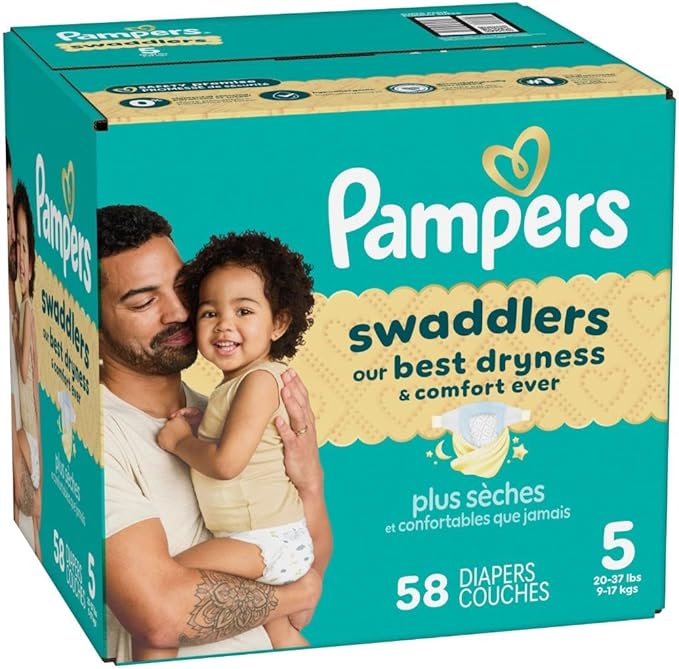 Pampers Swaddlers Diapers, Size 5 (20-37 lbs), 58 Count, Absorbent, Keeps Baby Dry and Comfortable, Skin Safe Disposable Baby Diaper (Packaging May Vary)