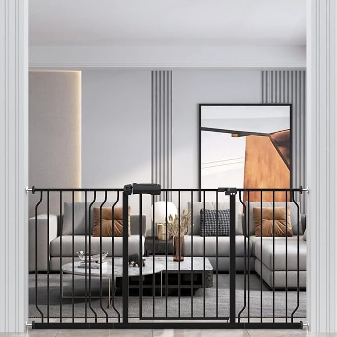 WAOWAO Baby Gate 62.19-66.92" Extra Wide Pressure Mounted Walk Through Swing Auto Close Safety Black Metal Toddler Kids Child Dog Pet Puppy for Stairs,Doorways,Kitchen