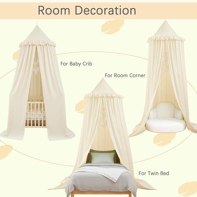 Akiky Kids Bed Canopy for Crib & Twin Size with Ruffles Dreamcatcher, Princess Girls Nursery Room Decor Toddler Baby Dome Round Hanging Tent Curtains Skirt Over Bed Reading Nook Play Tents Ivory