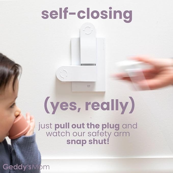 Geddy's Mom Shut Your Face Self-Closing Outlet Cover Plate System – Child Safety, Automatic Protection for 1-Screw Duplex Outlets, Easy Install, Award-Winning Baby Proofing Solution