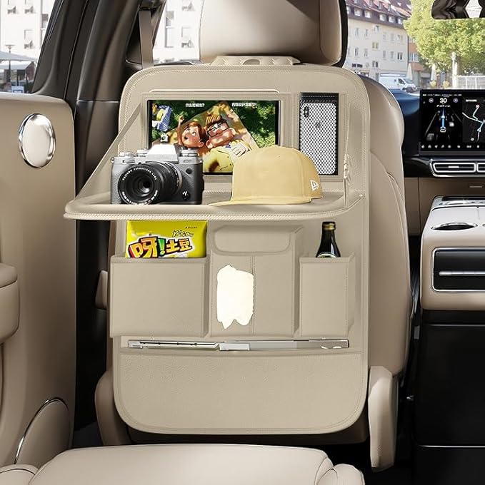GMQ Back Seat Car Organizer 1 Pack,Backseat Organizer with Tray,Multifunctional Car Seat Back Storage Box with Foldable Tablet Holder (Beige, Plain weave)