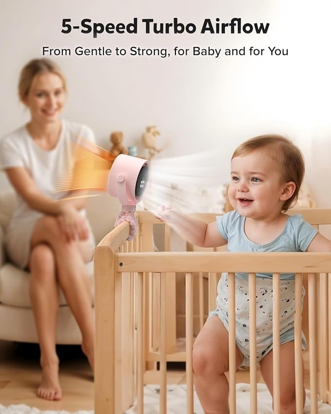 AMACOOL Baby Stroller Fan, Rechargeable Portable Clip on Fan, 17H Cooling with 5 Speeds, LED Display, 360°Rotate Personal Cooling Fans for Car Seat, Crib, Travel, Camping, Gifts for New Parents