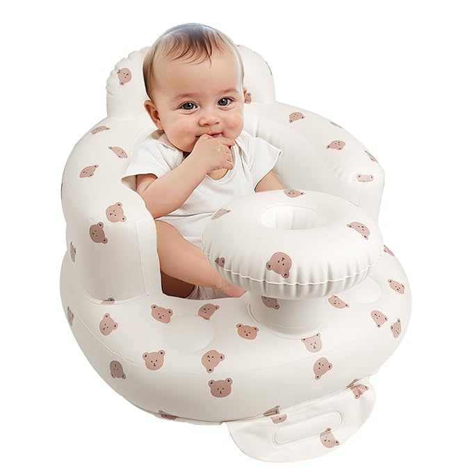 Inflatable Baby Chair with Tray for Babies 3 Months & Up, Blow Up Baby Seat with Built in Air Pump, Sit Me Up Floor Baby Seats for Infants for Sitting Up - Bear Head with Tray