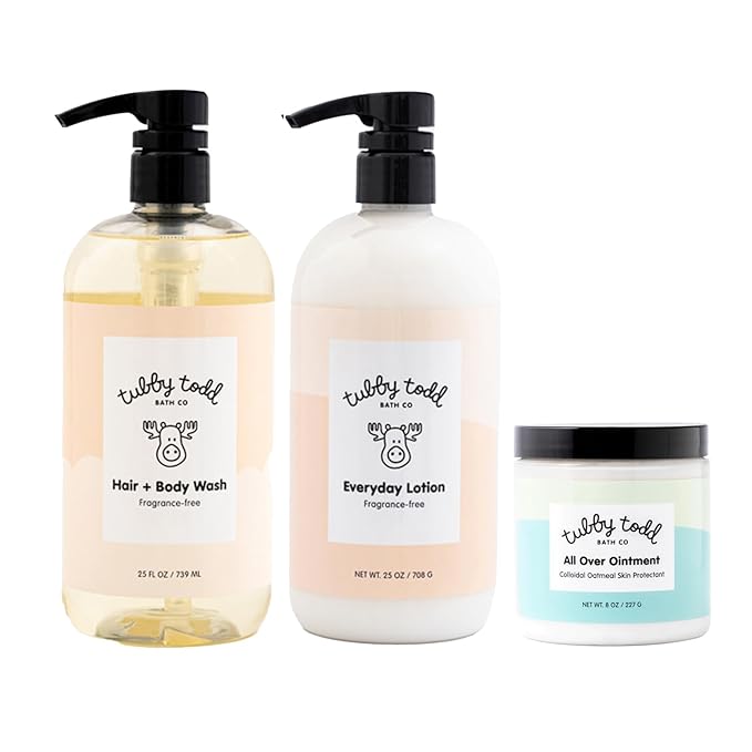 TUBBY TODD 3-Step Baby Bath & Skincare Routine - The Regulars Bundle - Baby Shampoo and Body Wash, Everyday Lotion 25 Oz & All Over Ointment 8 Oz - Fragrance-Free