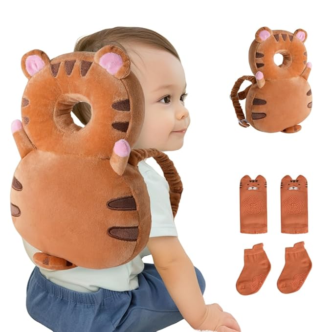 Baby Head Protector Backpack (9 to 24 Months) - Cute Head Guard Pillow with Knee Pads and Socks, Crawling and Walking Safety Set, Toddler Head Cushion Backpack, Brown Tiger