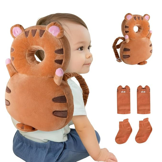Baby Head Protector Backpack (9 to 24 Months) - Cute Head Guard Pillow with Knee Pads and Socks, Crawling and Walking Safety Set, Toddler Head Cushion Backpack, Brown Tiger