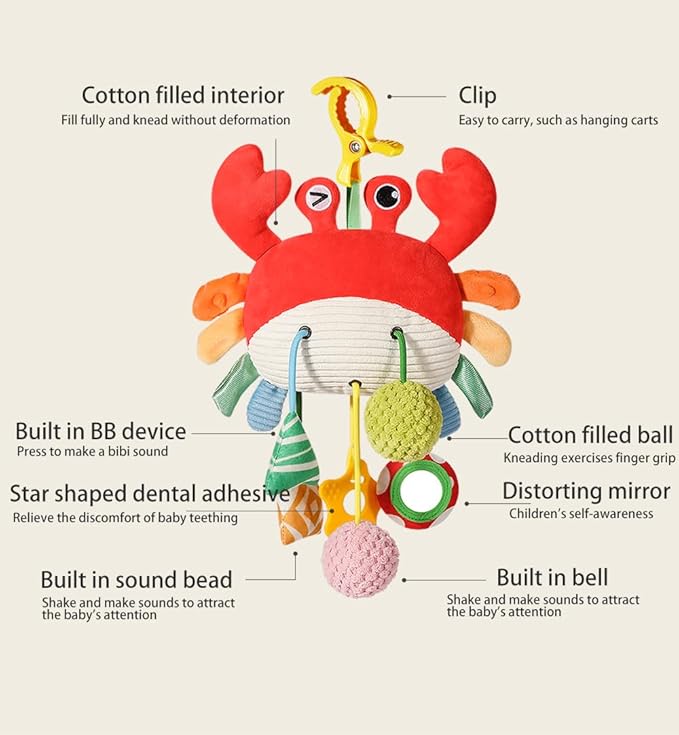 Car Seat Toys for Babies 0–12 Months – Hanging Baby Activity Toy for Car Seat, Stroller, Crib & Gym – Infant Plush Rattle with Mirror, Crinkle, Clip-On for Boys & Girls