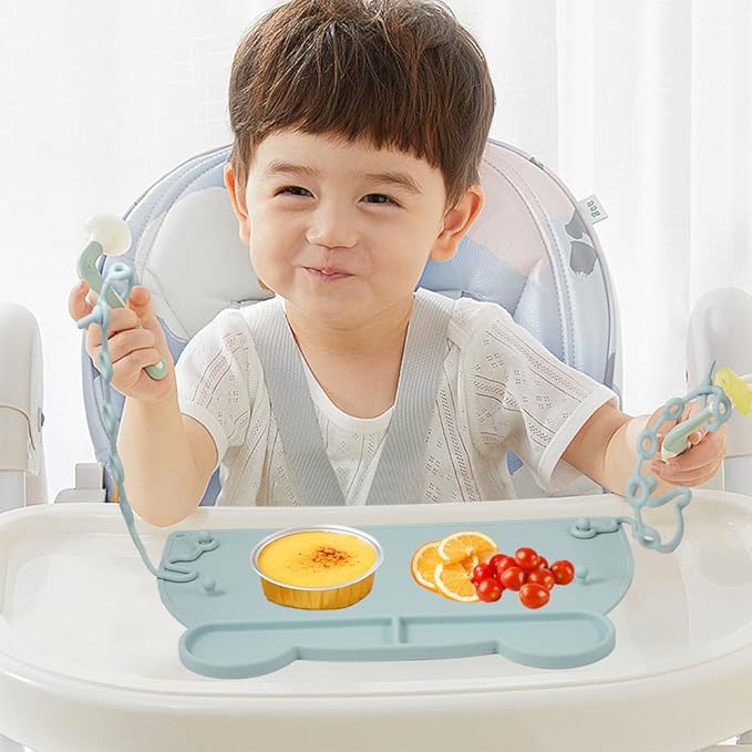 Picowe 2 Pack Silicone Suction Placemats for Babies with 8 Elastic Straps, Non-Slip Toddler Placemats for Dining Table, High Chair, Restaurant Use - Pink & Green