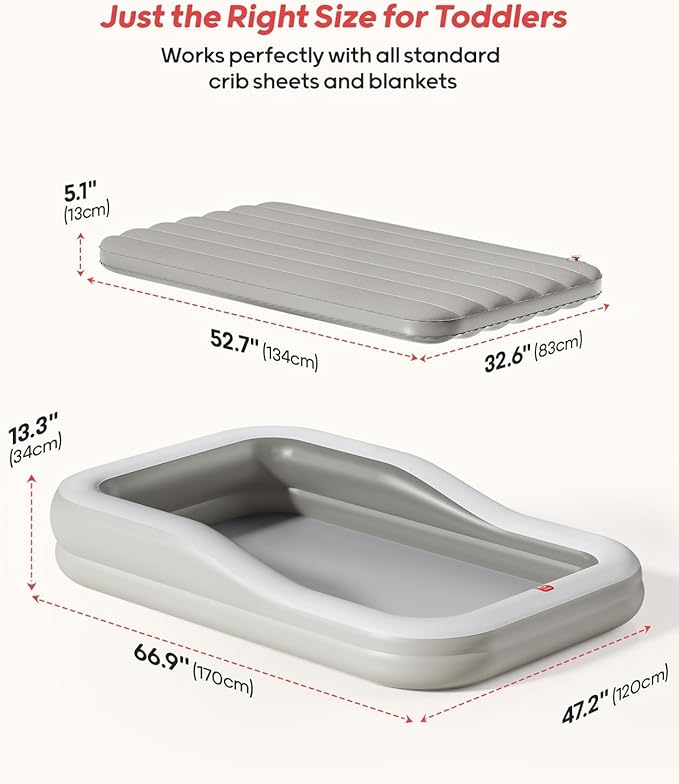 QPAU Inflatable Toddler Travel Bed with 3-Sided Safety Bumpers, Extra Large Kids Air Mattress, Includes Detachable Mattress, Portable for Camping, Travel, Home Use (Grey)