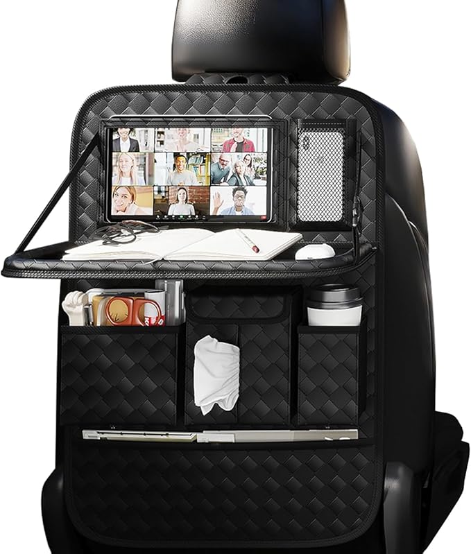 Car Seat Organizers,Multi-functional Back Seat Protectors, Storage Pouches, and Tray Holders (for Cars, Kids, Seat Back and Rear Seats) (Woven Black, 1 Pcs)