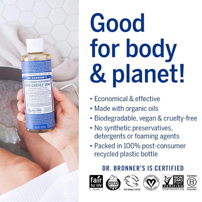 Dr. Bronner's Pure-Castile Magic Liquid Soap (Peppermint, 8 Ounce)- Made with Organic Oils, 18-in1 Uses: Face, Hair, Hand & Body Soap, Laundry, Pets- Concentrated, Vegan, Non-GMO