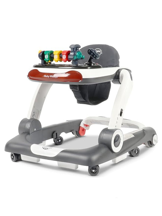 Music and Lights Baby Walker with Wheels, 6 in 1 Baby Activity Center w/Ergonomic backrest Design, Baby Walkers for Boys w/Foot Pads, Music Bouncer Walkers for Boys Girls Babies 6-18 Months, D Grey