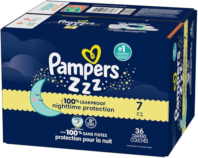 Pampers ZZZ Overnight Diapers, Size 7 (41+ lbs), 36 Count, Nighttime Protection Disposable Baby Diaper, Night Time Leak and Skin Protection