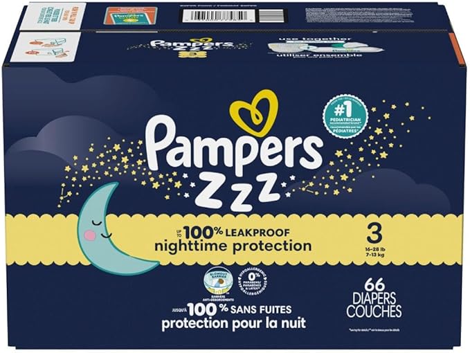 Pampers ZZZ Overnight Diapers, Size 3 (16-28 lbs), 66 Count, Nighttime Protection Disposable Baby Diaper, Night Time Leak and Skin Protection