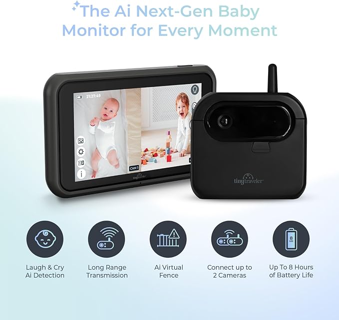 Tiny Traveler Ai Smart Wireless Baby Car Monitor with Add-On Camera, Travel Kit & Power Bank - AI-Powered Safety Alerts Detection, Virtual Fence, Long Range 1000ft Night Vision, 2-Way Talk - Black