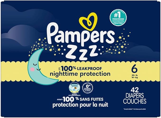Pampers ZZZ Overnight Diapers, Size 6 (35+ lbs), 42 Count, Nighttime Protection Disposable Baby Diaper, Night Time Leak and Skin Protection