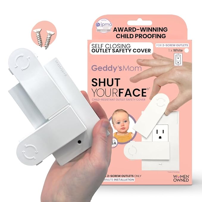 GEDDY'S MOM Shut Your Face | Automatic Closing Child Proof Outlet Covers | Made in The USA Award Winning Plug & Outlet Covers Baby Proofing | Choose 2-Screw (Decora) Outlet Protector