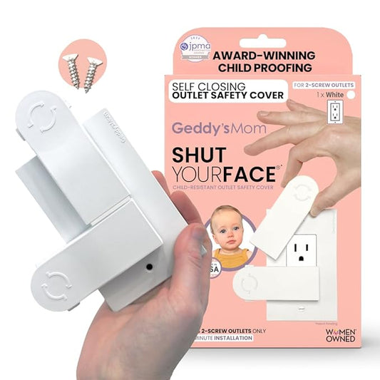 GEDDY'S MOM Shut Your Face | Automatic Closing Child Proof Outlet Covers | Made in The USA Award Winning Plug & Outlet Covers Baby Proofing | Choose 2-Screw (Decora) Outlet Protector