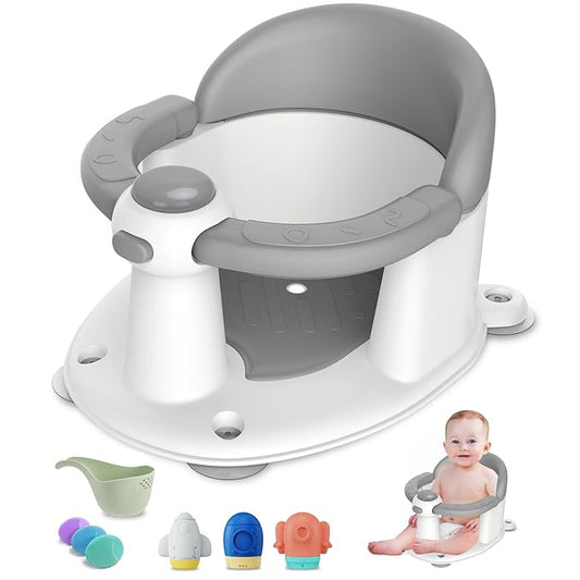 Baby Bath Seat for Babies 6 Months & up, 3 Baby Bath Toys, Non-Slip Baby Bath Seat, Safe & Comfortable Baby Bath Support, for Bathtub/Living Room/Shower Room, Grey