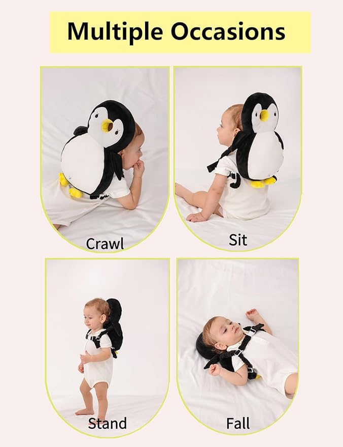 JunNeng Baby Head Protector Backpack, Toddler Walking Fall Head Protection, White Black Penguin