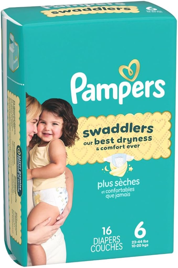 Pampers Swaddlers Diapers, Size 6 (23-44 lbs), 16 Count, Absorbent, Keeps Baby Dry and Comfortable, Skin Safe Disposable Baby Diaper (Packaging May Vary)