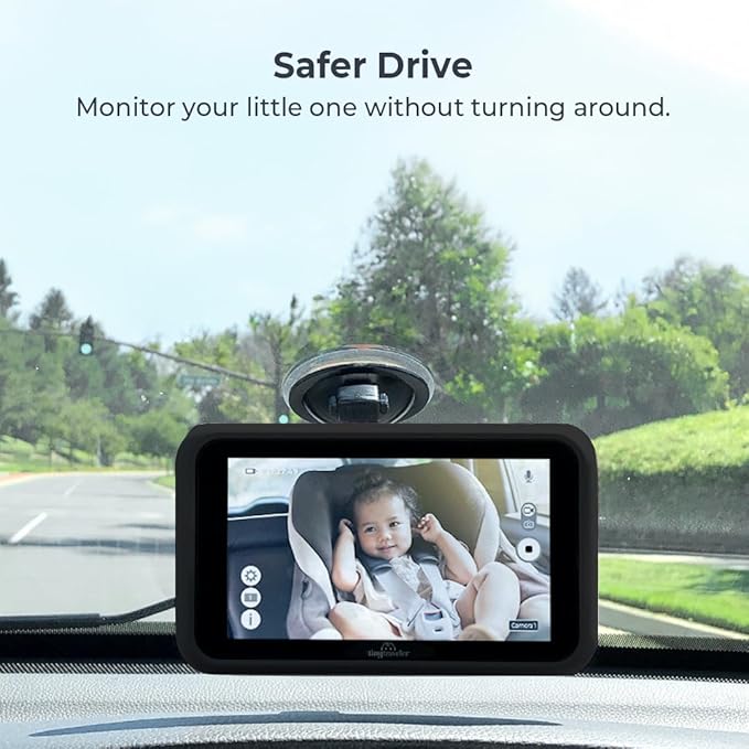 Tiny Traveler 5” HD Touch Screen Baby Car Monitor – Hackproof, No WiFi Baby Camera for Travel and Home, Night Vision, Headrest or Clamp Mount, Baby Reminder Alert - Black
