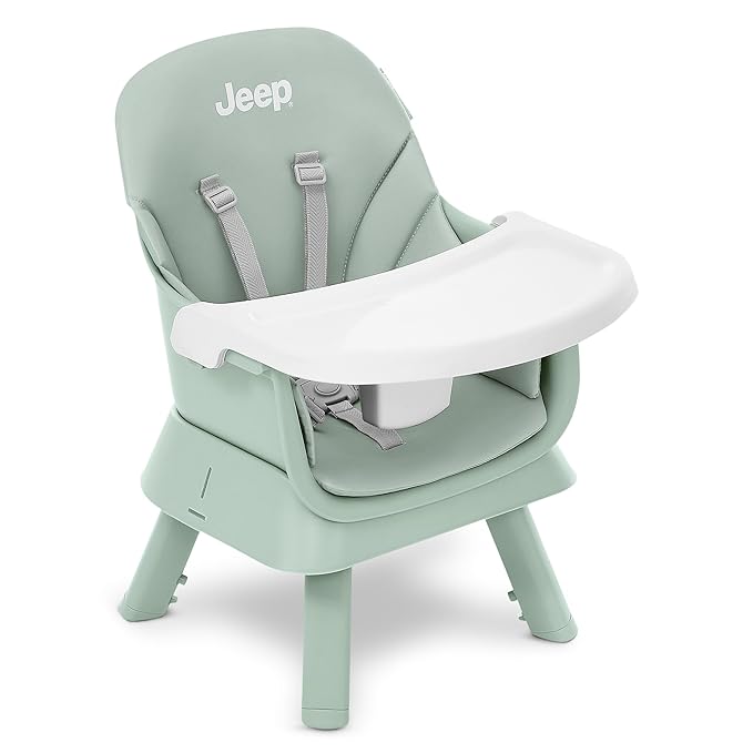 Jeep Milestone 6-in-1 High Chair by Delta Children - High Chair Converts to Stool, Booster Seat, Toddler Chair, Activity Table and Desk and Chair, Sage Green