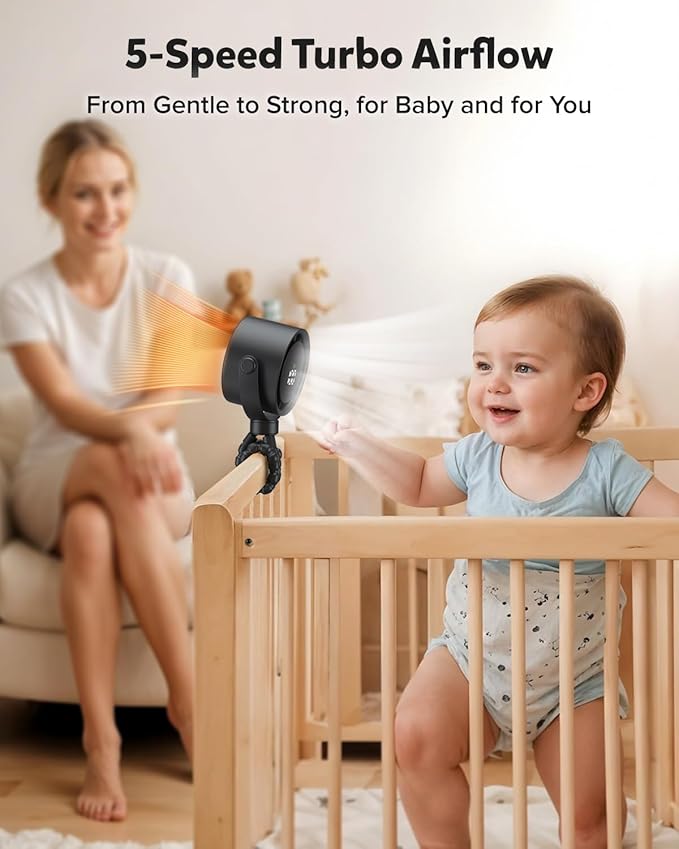 AMACOOL Baby Stroller Fan, Rechargeable Portable Clip on Fan, 17H Cooling with 5 Speeds, LED Display, 360°Rotate Personal Cooling Fans for Car Seat, Crib, Travel, Camping, Gifts for New Parents