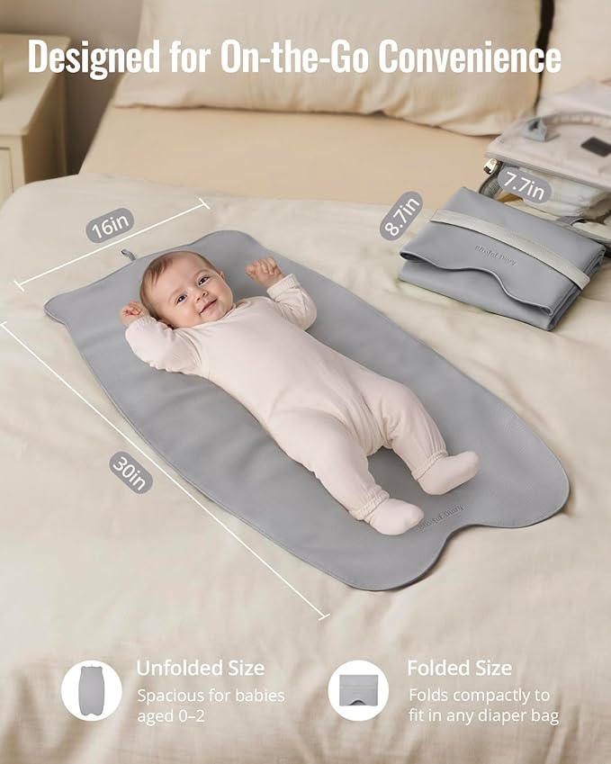 Blissful Diary Vegan Leather Portable Changing Pad, Wipeable & Waterproof Baby Change Mat in Diaper Bag, Travel Essential & Registry Gift, Light Gray