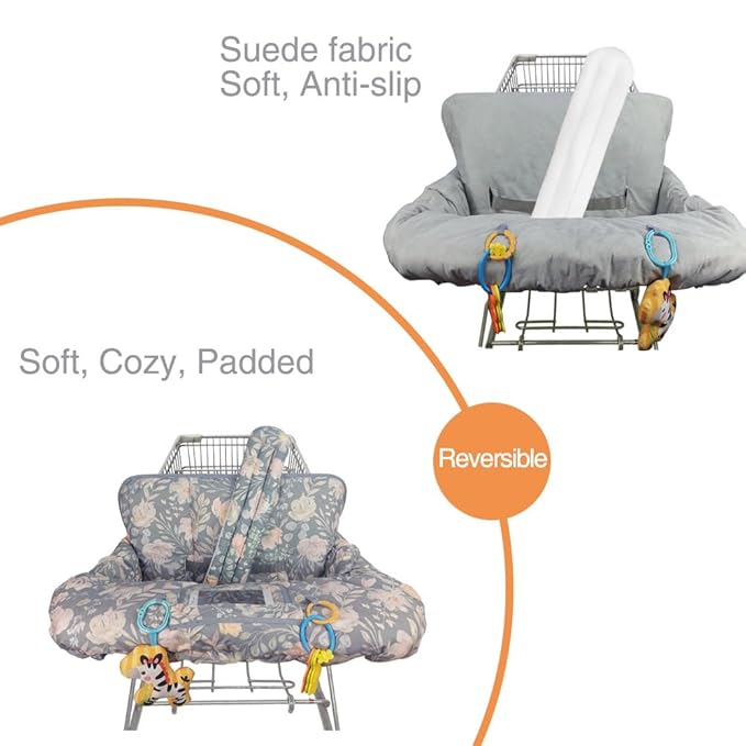 ICOPUCA Shopping Cart Cover for Baby, 2 in 1 cart Cover for Babies N high Chair Cover, Padded Grocery cart seat Cover for Baby Girl boy, with 1” Thick/Removable/Reversible Cushion, Flowers;