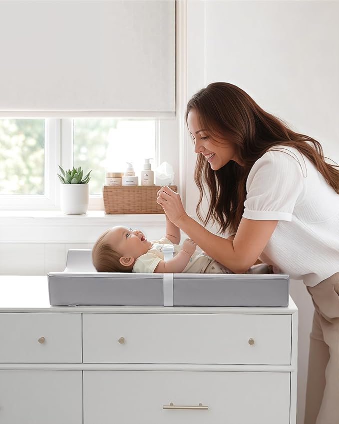 Blissful Diary Vegan Leather Baby Changing Pad with Waterproof & Wipe-Clean PU Cover, Standard Size Cozy Diaper Changing Pad for Dresser and Table, Light Gray