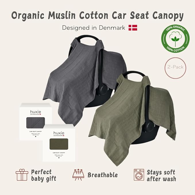 Car Seat Cover Baby - Organic Cotton - Carseat Covers Baby - Carseat Cover - Car Seat Canopy - Carseat Canopy - 100% Muslin Cotton, 43" x 32" 2-Pack (Sage Green/Soft Grey)
