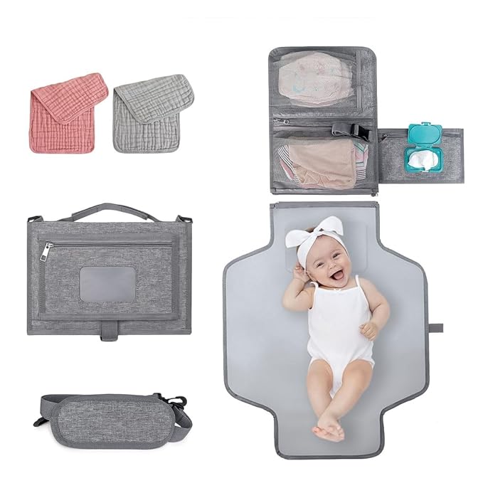 Portable Diaper Changing Station, Expandable Baby Diaper Bag, Compact Diaper Changing Travel Bag with Wet Wipe Pocket, Waterproof Baby Travel Station Set with 2 Bibs (Gray)