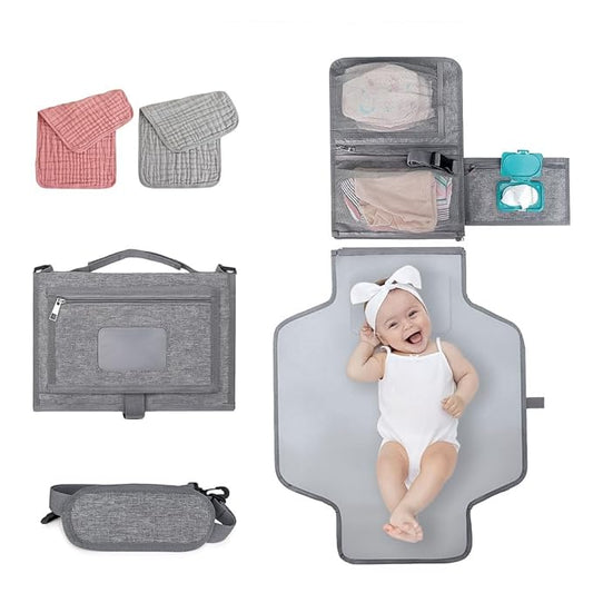 Portable Diaper Changing Station, Expandable Baby Diaper Bag, Compact Diaper Changing Travel Bag with Wet Wipe Pocket, Waterproof Baby Travel Station Set with 2 Bibs (Gray)
