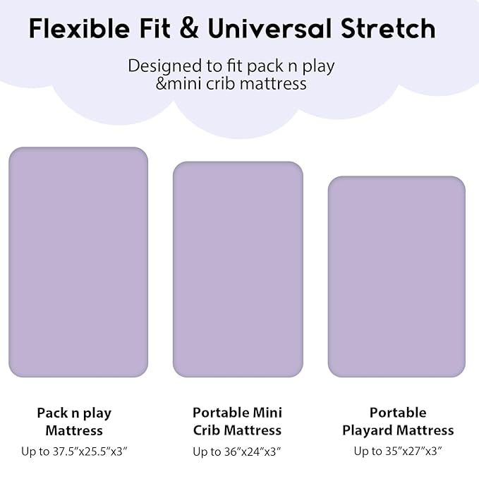 Yoofoss Pack and Play Sheets Fitted, Mini Crib Sheets 2-Pack for Pack N Play Mattress, Stretchy Playard Sheet, Soft and Breathable (Purple+Unicorn)