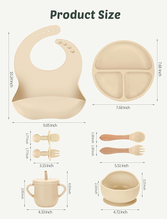 24 PCS Silicone Baby Feeding Set, Baby Led Weaning Supplies Includes Suction Bowls and Divided Plates, Adjustable Silicone Bib, Spoons&forks, Training cup with straw (Green+Brown+Beige)