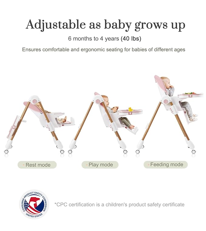 Mallify Foldable High Chairs for Babies and Toddlers, 3-in-1 Convertible Baby High Chair with Removable Soft Cushion and Tray, Adjustable Height & Recline, Lockable Wheels, Pink