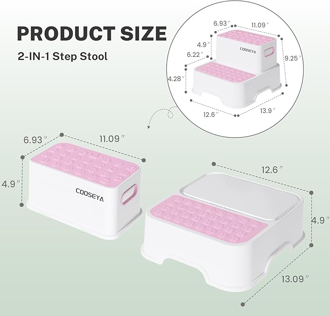 COOSEYA 2 Step Stools for Kids,Toddler Step Stool for Bathroom Sink,No-Slip Double up Stepping for Toddlers Bathroom, Multifunctional Toilet Potty Stool for Kids,Toilet Potty Training(2 Packs)（Pink）
