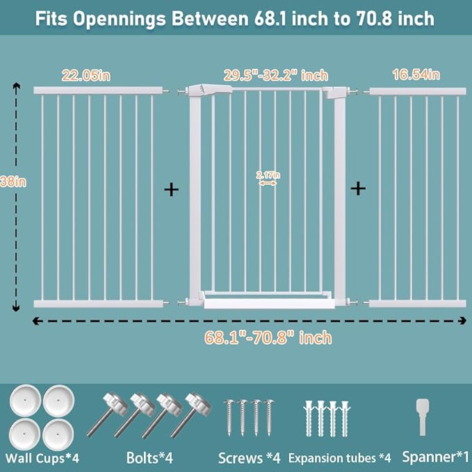 Fairy Baby 38" Extra Tall Cat Gate for Stairs, 68.1"-70.8" Extra Wide Long Pet Gate for Doorways, Metal Auto Close Safety Child Gate, Adjustable Dog Gate No Climb Fence for Kid or Pet, White