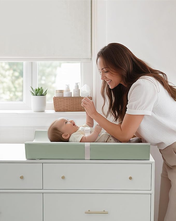 Blissful Diary Vegan Leather Baby Changing Pad with Waterproof & Wipe-Clean PU Cover, Standard Size Cozy Diaper Changing Pad for Dresser and Table, Light Green