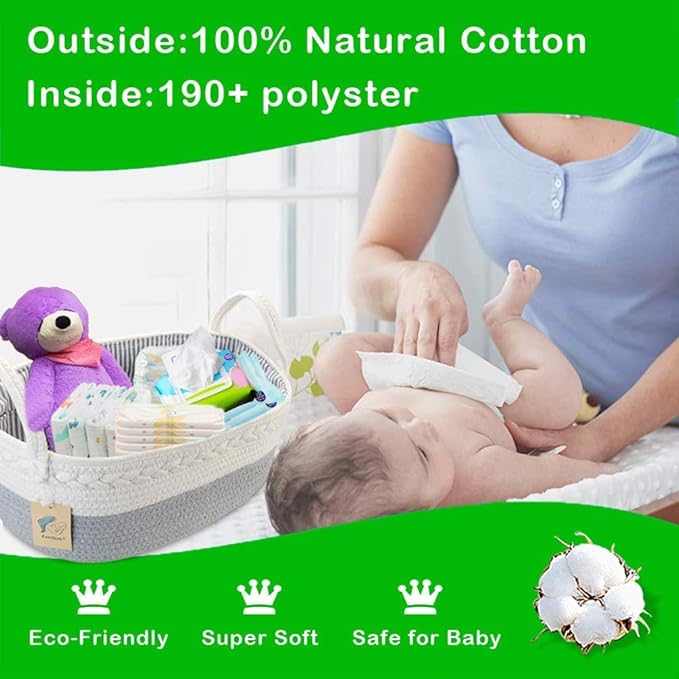 Baby Diaper Caddy Organizer - Extra Large Nappy Caddy Rope Nursery Storage Bin - Baby Basket with 8 Pockets, 5 Compartments and 2 Removable Dividers