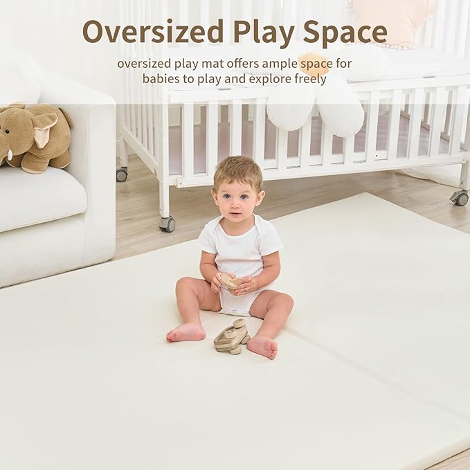 Large Vegan Leather Baby Play Mat for Floor,1.3"Thick Foam 59x82 Foldable Waterproof Kids Play Mat,Stylish and Just Wipe-Clean Playmat for Baby Play on Floor (Beige)